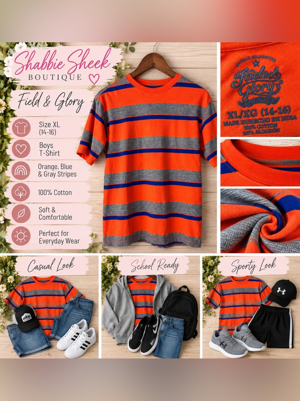 Field & Glory Striped Short Sleeve Tee Orange & Blue Boys XL (14-16) Like New